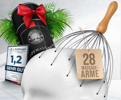 Die entspannende Kopfmassage Spinne mit 28 Fingern von Edelfeld [VERBESSERTE VERSION 2025]- Mit Geschenkverpackung & Schleife - Kopfmassagegerät als Geschenk mit Auslegern auf 2 Ebenen Wohlfühl-Noppen
