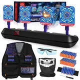 Lehoo Castle Nerf Zielscheibe, Nerf Zielscheibe Elektrisch mit Taktische Weste, 4 Ziele Auto-Reset Zielscheibe für nerf mit Licht, Sounds und Foam Darts Pfeile, Geschenk für Jungen (Schwarz)