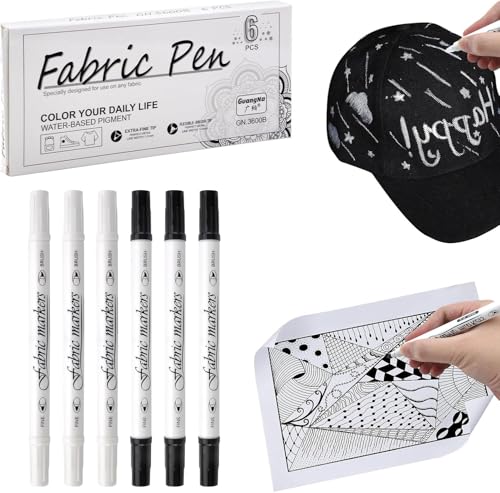 6 Stück Textilstifte Waschmaschinenfest, Weiß und Schwarz Dual-Tip-Stoffmarker Permanent, 1-5mm Stoff stifte waschfest Textilmarker Ungiftige Stoffmalstifte zum Personalisieren von Hemden Taschen