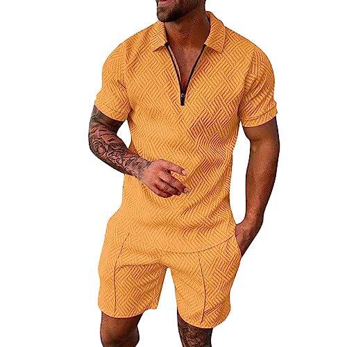 Herren Trainingsanzug Sommer Sportanzug 2 Teiliges Business Polo Hemd Set Kurzarm T-Shirts Kurze Hose Freizeitanzug(Gelb #3,M)