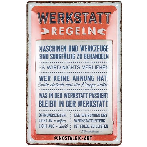 Nostalgic-Art Retro Blechschild, 20 x 30 cm, Werkstattregeln – Geschenk-Idee für Handwerker, aus Metall, Werkstatt-Deko im Vintage Design mit Spruch, Blechschilder Sprüche