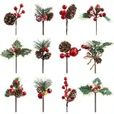 12 Stück Weihnachtsbeeren Kleine Künstliche Tannenzweige mit Roten Beeren Tannenzapfen Weihnachts Picks Mistelzweig für Bastelgeschenkpicke Winter Blumenpicks Baumkränze Kranz Weihnachts Dekoration