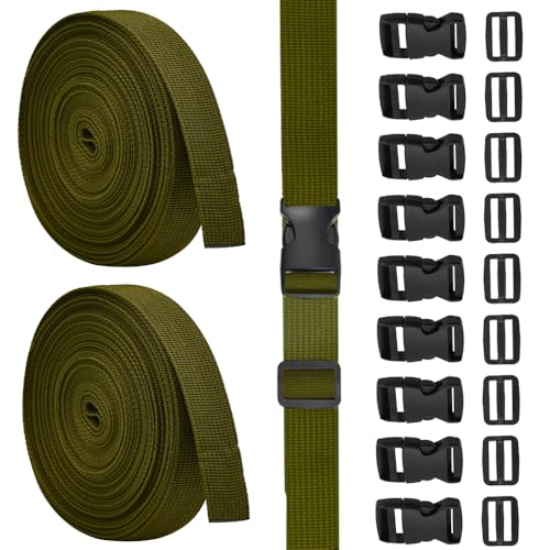 SLTAXAR Nylon Gurtband 20M x 2,5 cm Nylongurte mit 40 Paare Schnallen Nylongurt mit Schnalle Verstellbare Nylongurtband Grün Klippverschluss Rucksack Schnalle Ersatz für Rucksack Tasche Koffergurt