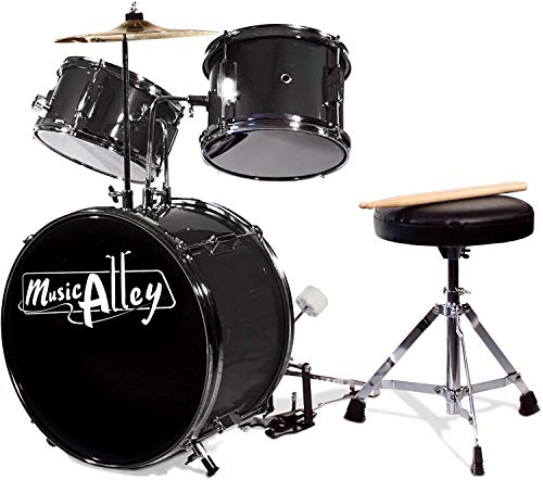 Music Alley Junior Drum Kit for Kids with Kick Drum Pedal, Drum Stool & Drum Sticks - Black