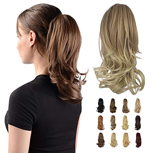 Sofeiyan 33cm Pferdeschwanzverlängerung Langer lockiger Pferdeschwanz Clip in Klaue Haarverlängerung Natürlich aussehendes synthetisches Haarteil für Frauen, Dunkelblond zu Bleichblond