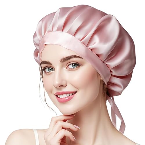 Seidenmütze,Maulbeerseide Schlafmütze Rutschfest Verstellbar,Seidenhaube zum Schlafen Atmungsaktiver,Kopfbedeckung Seidenhaube,Nachtmütze für lockiges Haar mit elastischem Band,Haarpflege (Rosa)
