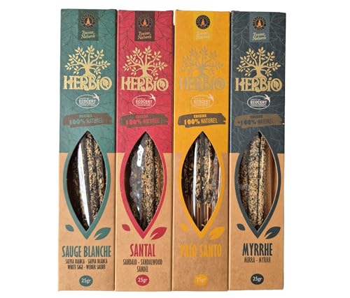 Boemy Ökologische Räucherstäbchen, sortiert, 4 natürliche Kräuter-Räucherstäbchen, verschiedene Duftrichtungen: Myrrhe, NagChampa, weißer Salbei, Zimt, Lavendel, Palo Santo, Vanille, Drachenblut