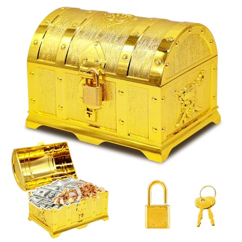 Forbabe Schatzkiste Kindergeburtstag, Schatztruhe Kindergeburtstag Goldene Schatztruhe, Verschließbar Mit Deckel Und Schloss Mit Schlüssel für Aufbewahren Und Dekorieren, Kindergeschenk