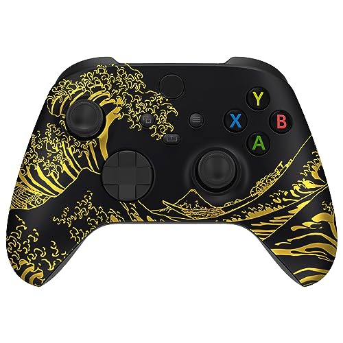 eXtremeRate Front Gehäuse Case für Xbox Series X&S Controller, Vorderseite Hülle faceplate Cover Skin Shell Zubehör für Xbox Core Controller(Groß Goldene Welle-Schwarz)-KEIN Controller