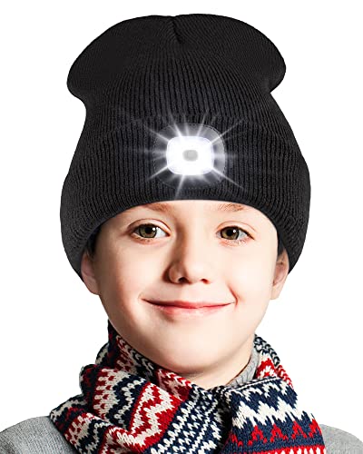 Deilin Kinder Strickmütze mit LED-Lampe Warm halten, Unisex Winter Schwarz Mütze mit Stirnlampe USB Wiederaufladbare Kappe mit 4 LED Tolles Geschenk für Jungen und Mädchen, Schwarz