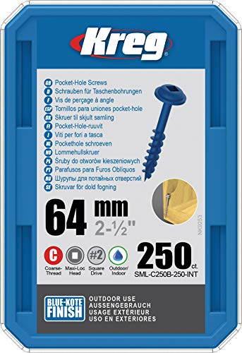 KREG® Blue-Kote™ Taschenlochschrauben, 64 mm, 8 Grobgewinde, Maxi-Loc™, 250 Stück