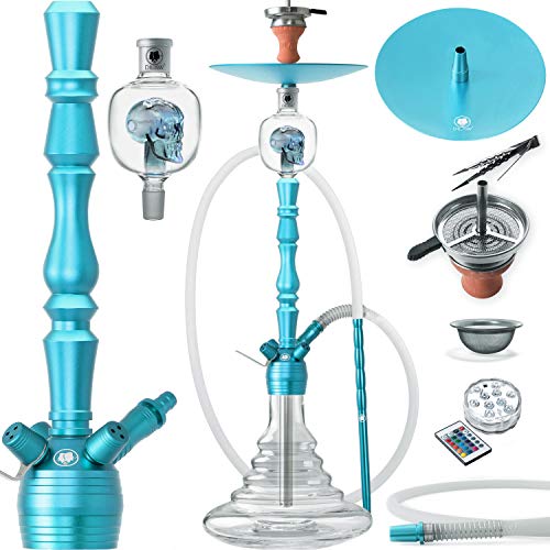 DILAW® Vatos Shisha Set Hookah 93cm Aluminium Alu + LED Licht | Wasserpfeife Kaminkopf Komplettset Molassefänger Silikonschlauch Alumundstück Tabakkopf Kaminaufsatz 18/8 Kopfschliff, Türkis