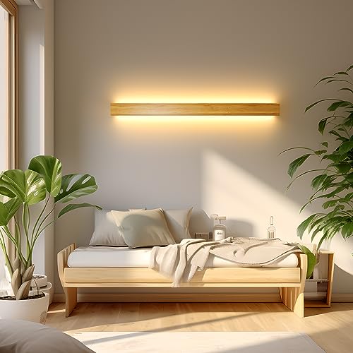 AOEH Holz Wandleuchte LED Wandlampe innen Bambus Holz Lange Wandlampe Warmweiß 18W 3000k holzlampe Modern Wandbeleuchtung Für Schlafzimmer Wohnzimmer Flur Treppenhaus Innenbeleuchtung Wandlampen,60cm
