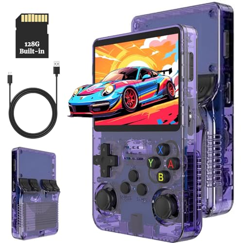 R36S Retro Handheld Game Console 128G - 3.5“ IPS Bildschirm mit 20000+ Classic Games Tragbarer Pocket Video Game Player Open Source Linux OS mit 3200mAh Batterie(Lila)