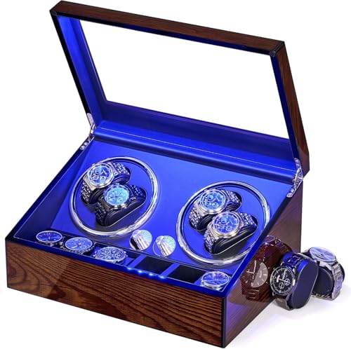 BEWISHOME Uhrenbeweger für Automatikuhren, Automatische Uhrenbeweger Box mit LED-Licht,4 Uhrenbeweger mit leisem Motor und 6 extra Speicherplätze,Luxuriöser Automatik Uhrenbeweger,Watch Winder ESYQ01Y