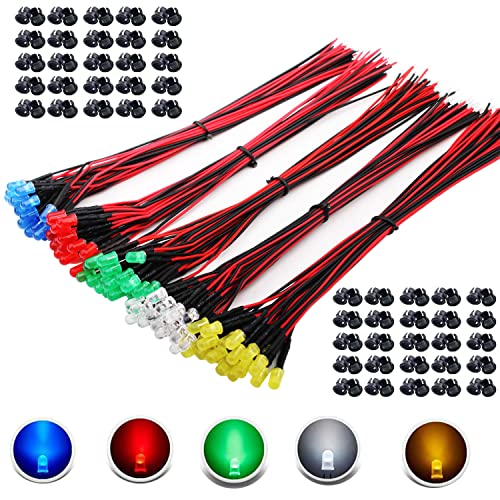 RUNCCI-YUN 100 Stück 5mm 3V-9V-12V LED diode,LED mit kabel 12v,modelleisenbahn h0 beleuchtung rc modellbauLED-Dioden Licht+ 100 Stück 5mm LED Montageringe Plastik (Rot, Gelb, GRÜN, Weiß, Blau)