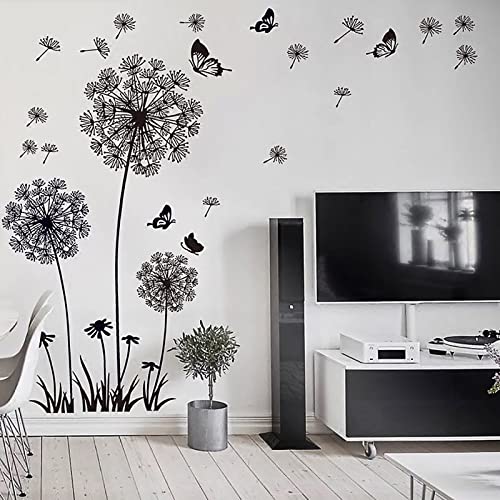 WandSticker4U®- XL Wandtattoo PUSTEBLUMEN Schwarz I Wandbild: 165x130 cm I Wandsticker Wohnzimmer modern Pflanzen Blumen Löwenzahn Schmetterlinge I Wand Deko für Schlafzimmer Küche Flur Bad GROß