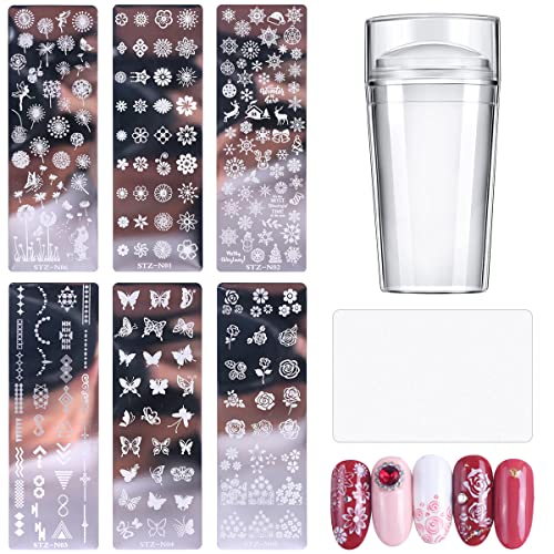 Leikedun 6 Stück Nagel Stamping Schblonen Platte, Nagel Stamping Schablonen mit 1 Stück Transparent Stempel, 1 Stück Schaber, Nail Art Stamping Nail Print Stamper Image Plate Maniküre Werkzeuge DIY