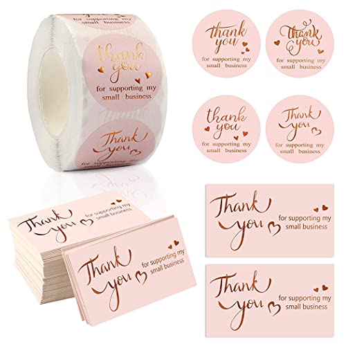 550 x Dankeskarten, 50 x Goldfolie, Dankeskarten für die Unterstützung meiner kleinen Visitenkarten, 500 Stück 3,8 cm Dankesaufkleber (550)