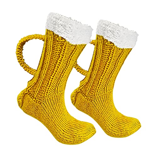 Bier Socken Mit Henkel, Lustige Socken Herren Damen Bier Kniestrümpfe Bunte Stricksocken Farbblockierende Bodensocken Bierkrugsocken Hausschuhsocken Für Sport, Outdoor, Wandern Und Zuhause,1 Paar