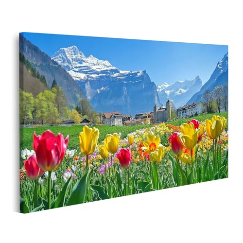 islandburner Prime Bild auf Leinwand Frühling in den Schweizer Alpen mit Tulpenfeld für Wohnzimmer Naturliebhaber Naturkostladen Bilder Wandbilder Poster