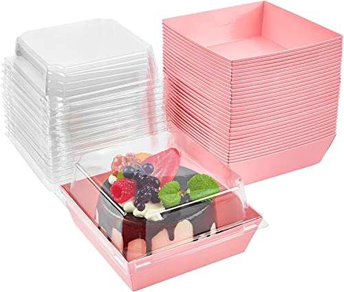 LATERN 50 Stück Kuchenschachteln mit Transparentem Deckel, 12CM Ölbeständige Papier Wurstschachteln Dessertboxen Cupcake Boxen Takeaway Boxen für Bakery Macaron Sandwich Cookies (Rosa)