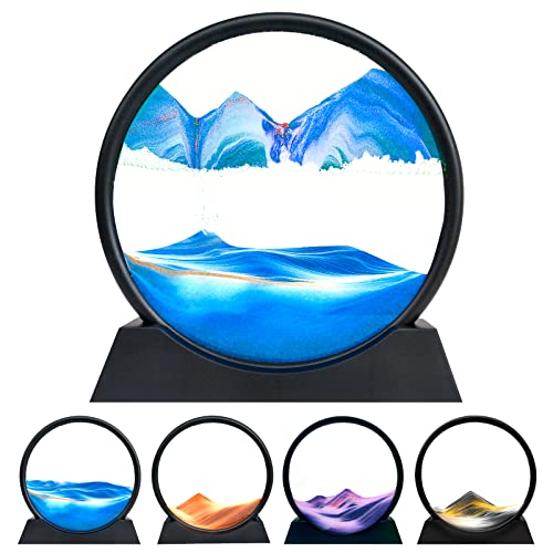 Sandbilder Zum Drehen,3D Sandbild mit Kunststoffsockel Sandbilder fließender Sanduhr Aesthetic Dynamisches Sandkunstbild für Wohnzimmer Büro Arbeitstisch Sand Art Blau Sandscape 7" Sandlandschaft