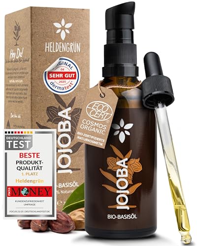 Heldengrün® BIO Jojobaöl [100% NATURREIN] Gesichtsöl - Dermatologisch getestet - Jojobaöl Haare - Kaltgepresst & unraffiniert - Intensivpflege für Gesicht, Körper & Haare