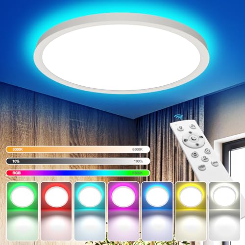 YiLaie LED Deckenleuchte Dimmbar mit Fernbedienung 24W 3840LM RGB Deckenlampe Farbwechsel,IP44 Wasserdicht Badezimmer Lampe,3000K-6500K Rund Lampe Decke für Kinderzimmer Wohnzimmer Schlafzimmer