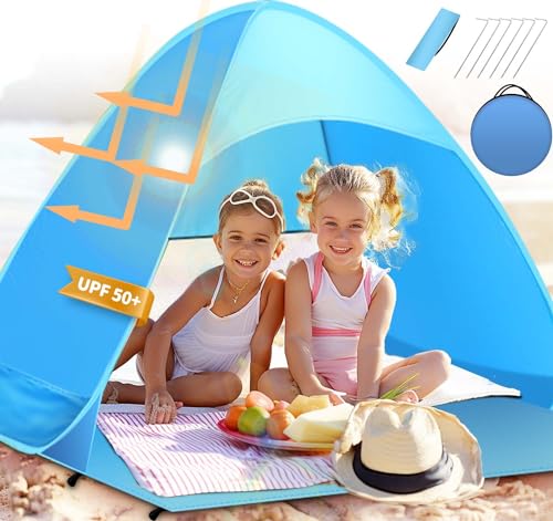 TUSVMGE Pop up Strandmuschel mit UV-Schutz 50,2-3 Personen Strandzelt Tragbar Beach Zelt Wasserdicht Extra Wurfzelt Automatisches Strand Camping Zelt für Sonnenschutz Strand Garten