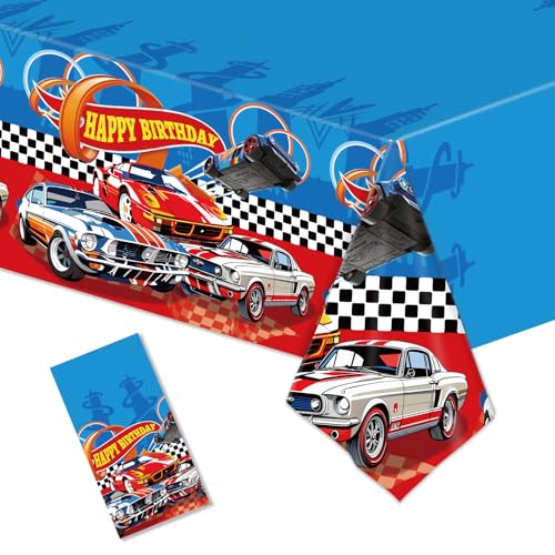 ParPix Rennwagen Geburtstagsdeko Tischdecke, 137x274cm Racing Car Geburtstag Party Tischdecken, Hot Whels Geburtstag Deko Tischdecke Plastik, Rennauto Party Wasserdichter Tischläufer, Auto Party Deko