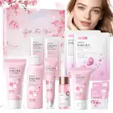 Sakura Skincare Set, Sakura Gesichtspflege Set 11 Stück, Anti-aging Gesichtspflege Set mit Gesichtscreme, Reiniger, Toner, Augenserum, Serum, Feuchtigkeitsmaske, Gesichtspflege Set Damen