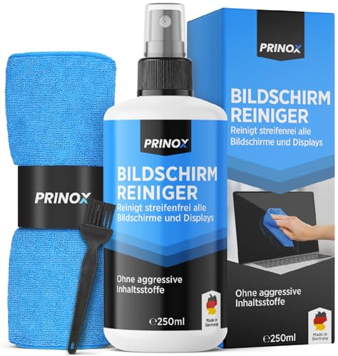 PRINOX Bildschirmreiniger Set 250ml mit Mikrofasertuch und Pinsel - Display Reiniger für Handy, Laptop und TV Displays (LCD, LED, OLED, QLED, TFT) gegen Fettflecken und Fingerabdrücke