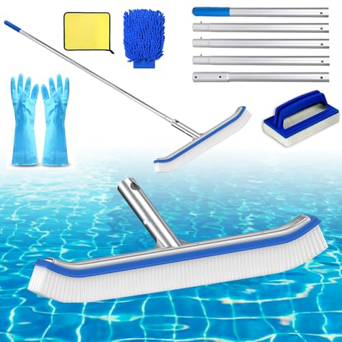 43CM Pool Reinigungsbürste，Poolbürste, Pool Bürste mit Gebogenen Enden,mit Längenverstellbarer Aluminiumstange und verstärkter Aluminium Rückseite Poolreinigung Reinigungsbürste