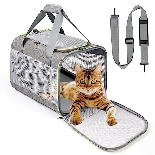 Lannvan Transportbox Hund, Katzen Transportboxen bis 6,5kg, Hundebox Auto Transporttasche Katze Atmungsaktiv Faltbar, mit Abnehmbarem Plüschpad, für Camping Reisen Tierarztbesuch (45x30x30cm, Grau)