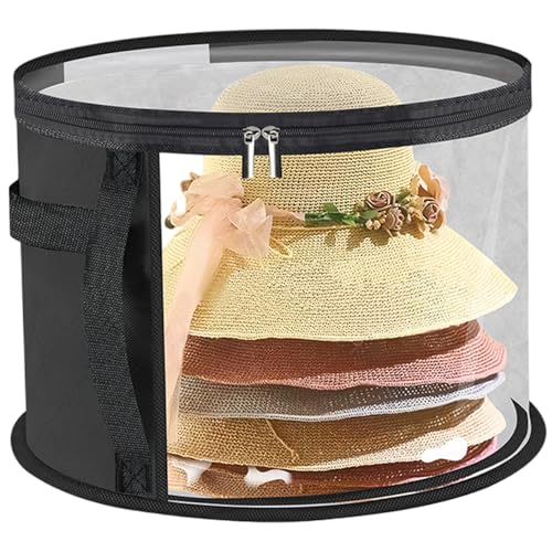 Wedhapy Runde Hutschachtel mit transparentem Deckel und Fenster 41, 9 x 25, 4 cm Hut-Organizer mit Reißverschluss und Griff tragbarer Aufbewahrungsbehälter aus Vlies für Zuhause unterwegs Schwarz