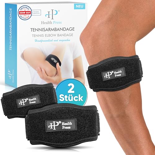 Health Press® Tennisarmbandage – 2x Ellenbogen Bandagen – Ellenbogenbandage zur gezielten Entlastung der Sehnenansätze am Ellenbogen – Stützende Tennisarm & Golferarm Bandage – Verstellbares Band