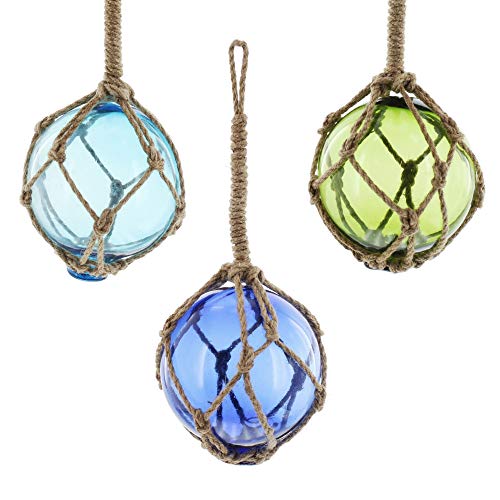 FRANK FLECHTWAREN Maritime Deko-Glaskugel Netz im 3er Set Maritim, Verschiedene Dekorationsmöglichkeiten, ca. Ø 9 cm, GH 25 cm