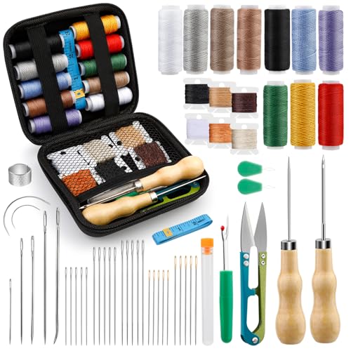 59-teiliges Leder-Nähset, Leder-Nähwerkzeug-Set, Leder-Arbeitswerkzeuge und Zubehör mit Nähnadeln mit großen Ösen, gewachstem Faden, Lederpolster-Reparatur-Set, Leder-Nähwerkzeug für DIY-Lederhandwerk