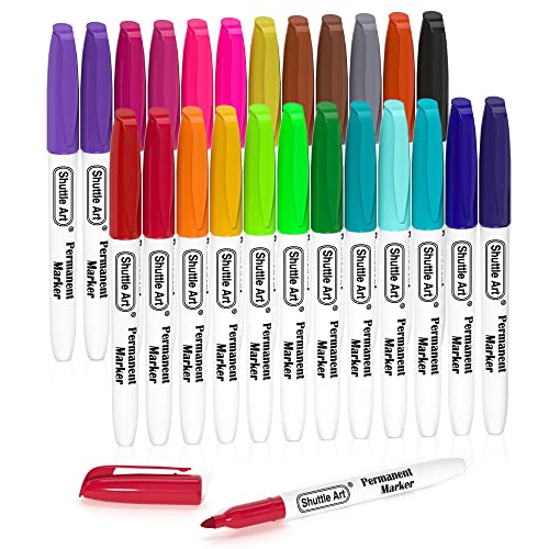 Shuttle Art Permanent Marker fein, 24 Permanent Marker bunt mit feiner Spitze, Folienstift permanent, wasserfeste Stifte, Filzstifte, für Kunststoff, Stein und Glas zum Bemalen und Färben geeignet.