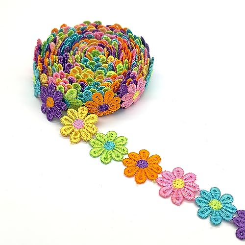 XCSJ 5 Yard 25mm Blumen Spitzenband Spitzenborte Stickerei Dekoband Zierband Borten Bänder Blumenband Gänseblümchen Dekoband Spitzen Spitzenborte Für Hochzeit Deko Handwerk Nähen Deko (Mehrfarbig)