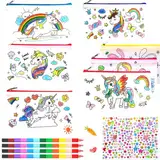 QIMMU Einhorn Federmäppchen zum Bemalen, 8 Stück Taschen zum Bemalen für Kinder,Beutel zum Bemalen mit Wachsmalstifte Stapelbar Glitzersteine, Mitbringsel Kindergeburtstag Gastgeschenke (A)