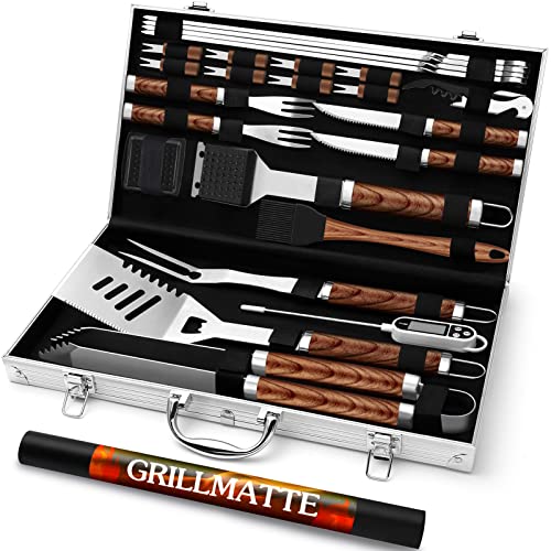 Grilliance 26 Stücke Edelstahl Grillzubehör Set Hochwertiger BBQ Grillbesteck Koffer Perfektes Grillwerkzeug Set für Männer Geschenk mit Tragbarer Aufbewahrungskoffer und Fleischthermometer Braun