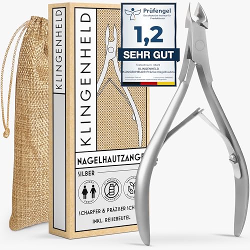 KLINGENHELD® Präzise Nagelhautzange - Sehr leichtgängig & extra scharf - inkl. Reisebeutel aus Baumwolle 100% plastikfrei & nachhaltig - Nagelhautschere, Nagelhautschneider