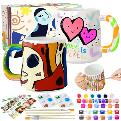 Roaxkois Keramik Bemalen Set, Tassen Bemalen Set Enthält Tassen, Pinsel, Farben und Anleitung zum Malen, Töpferset für Zuhause, Bastelset Erwachsene