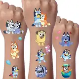 Bluey Tattoo Kinder, 8 Blätter Temporäre Kinder Tattoos, Cartoon Temporäre Tattoos Set, Wasserdichte Kindertattoos, Kinder geburtstags geschenk Party dekoration