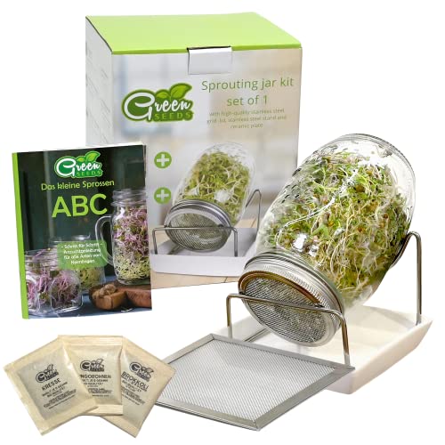 Green SEEDS® [Das Original Sprossenglas Starter-Set + KRESSESIEB + 3 x Saatgut | 1000ml mit hochwertigem Edelstahl-Gitterdeckel, Ständer, Keramikschale + Sprossen-ABC [Druckversion] Keimglas