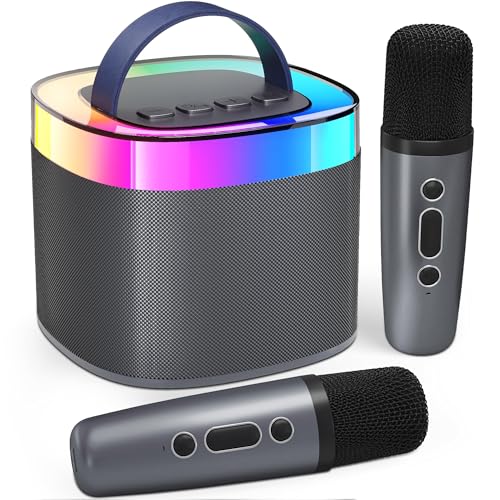 Ankuka Tragbare Karaoke-Maschine, Bluetooth Karaoke Lautsprecher mit 2 Mikrofon, Pickups und Party LED-Lichtern, Geschenke für Freunde, Schwarz