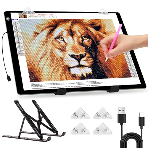 elice Leuchttisch A3,4800 Lux sehr hell 5mm Ultra dünn Light Pad für 5D Diamond Painting Zubehör,Dimmbarer Leuchtplatte mit Faltbar Ständer/clips,lichtpad a3 für Designen,Zeichnen Skizzieren,Tattoo