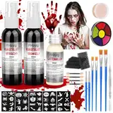 FHzytg Kunstblut Halloween 25 Stück Halloween Schminke Set, Auswaschbar Blutspray, Kunstblut Gel, Narbenwachs für Halloween Latexmilch für Zombie Vampir Schminke, Fake Blood Wunden Gruselige Make-Up